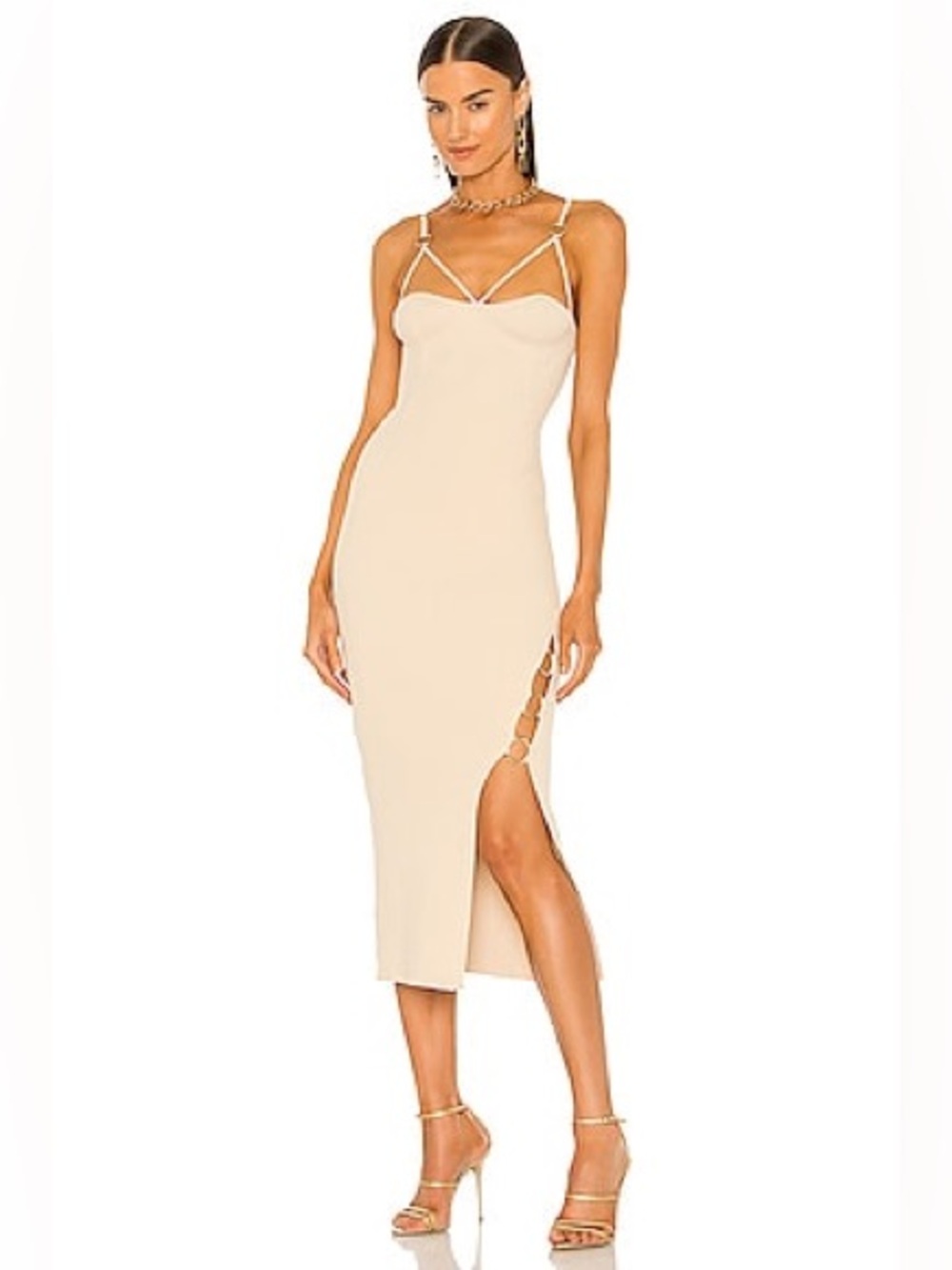 Nicholas Jules Rib Knit Cage Dress with Rings in Coconut Cream